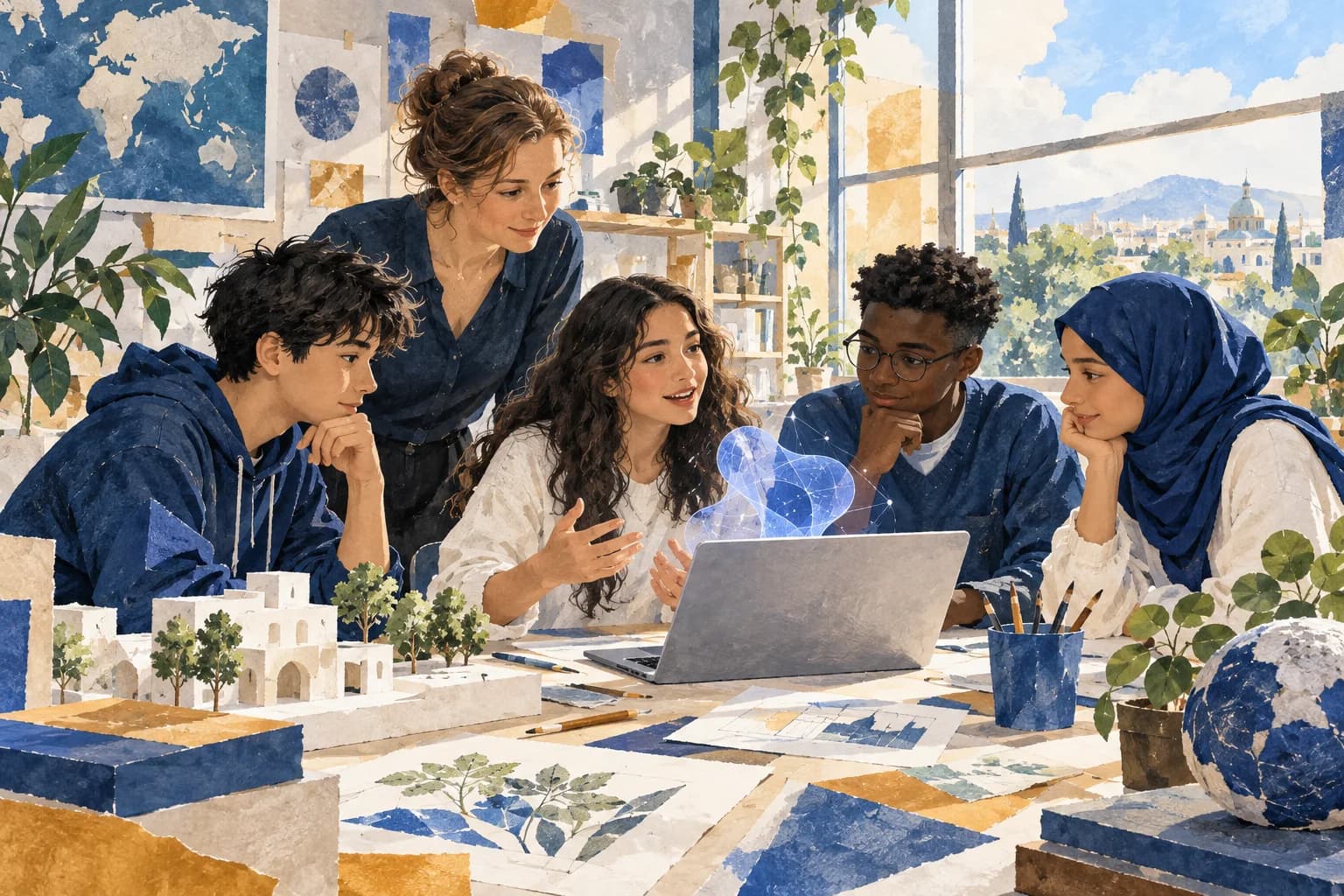 Des élèves et une enseignante discutent près d’un ordinateur et d’une forme bleue symbolisant l’IA.