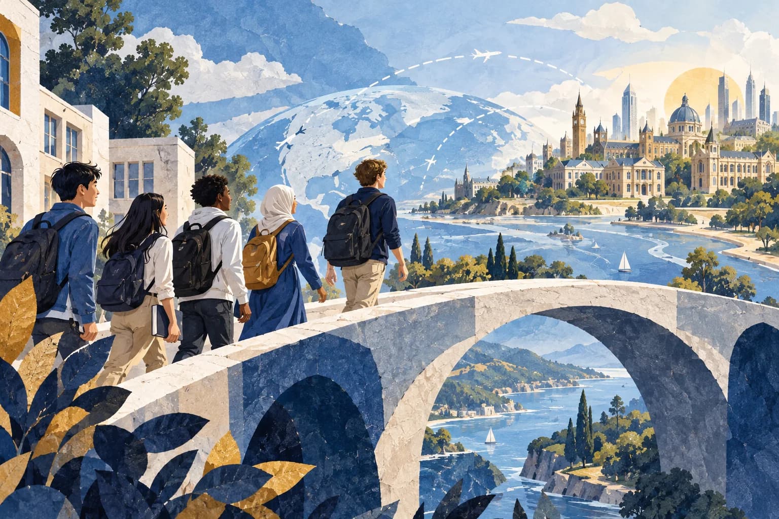 Des élèves traversent un pont vers une ville universitaire dans un collage bleu.
