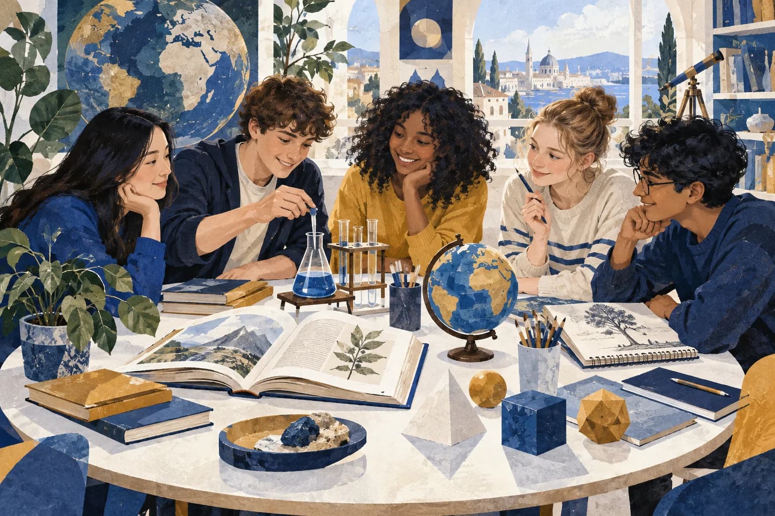 Des élèves explorent des livres, des expériences et un globe autour d’une table.