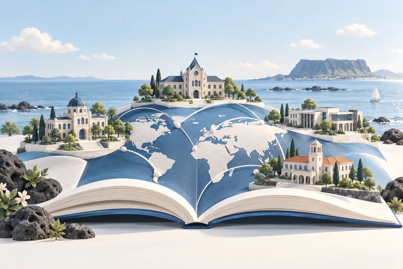 Ilustración de un libro abierto que conecta escuelas del mundo, con una costa inspirada en Jeju al fondo.